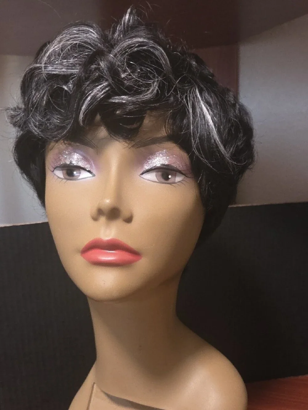 Short Black and Silver Pixie Wig - Women Hair